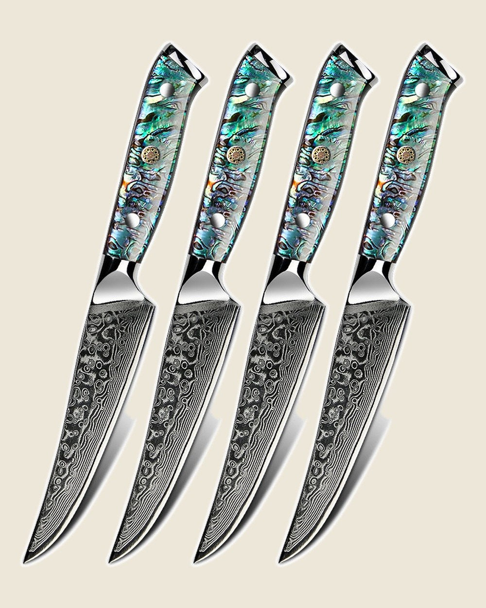 Set of four steak knives, Damascus blades with abalone handles