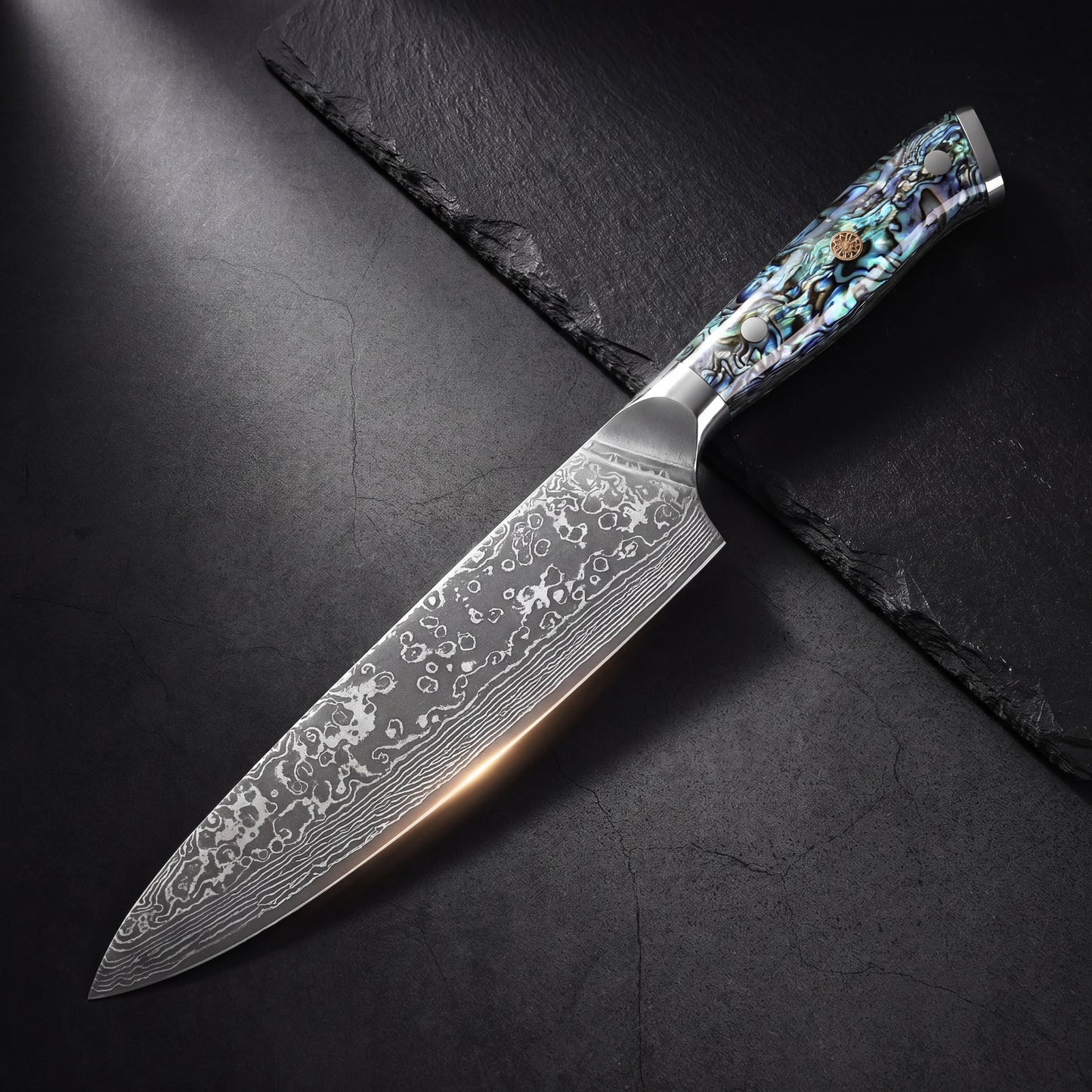 Abalone Damascus knife set — angle view