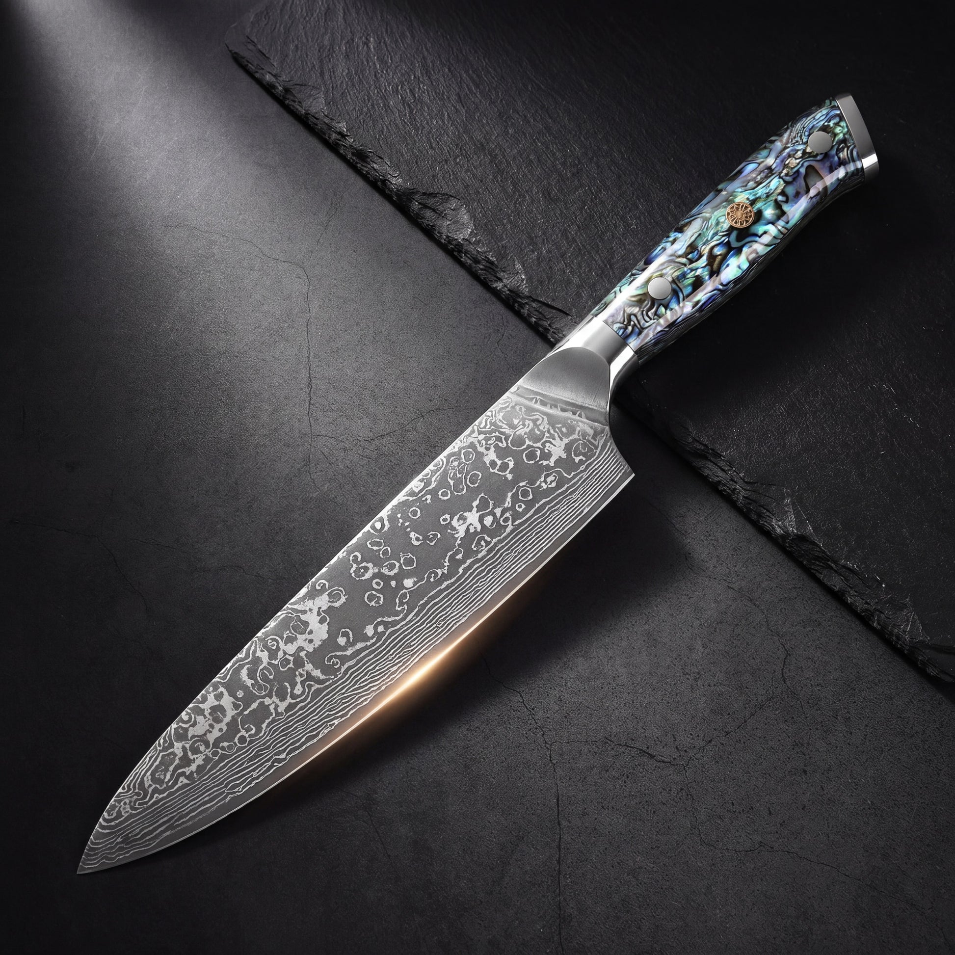 Abalone Damascus knife set — angle view