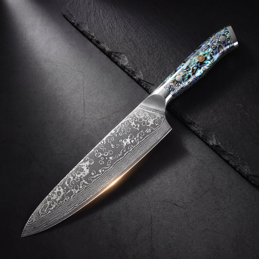 Abalone Damascus knife set — angle view