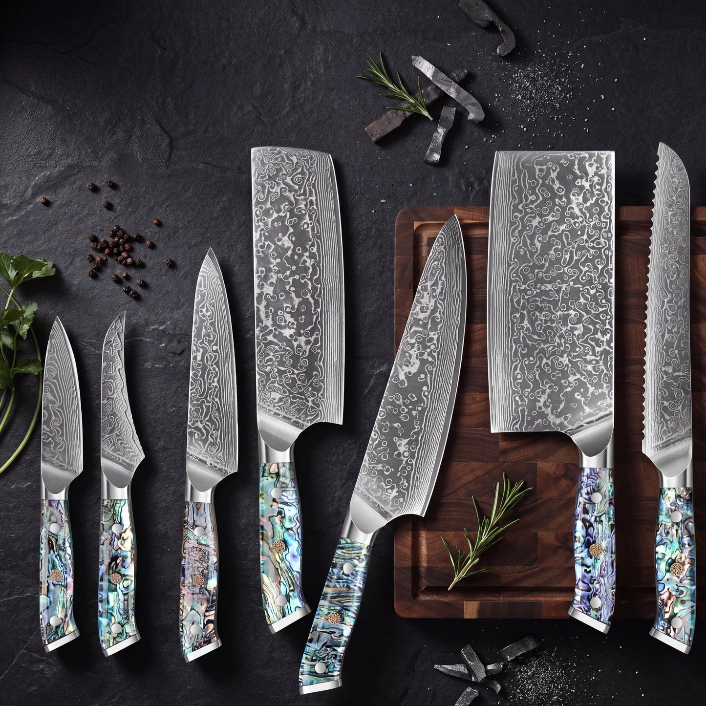 Abalone Damascus 7-piece set laid out