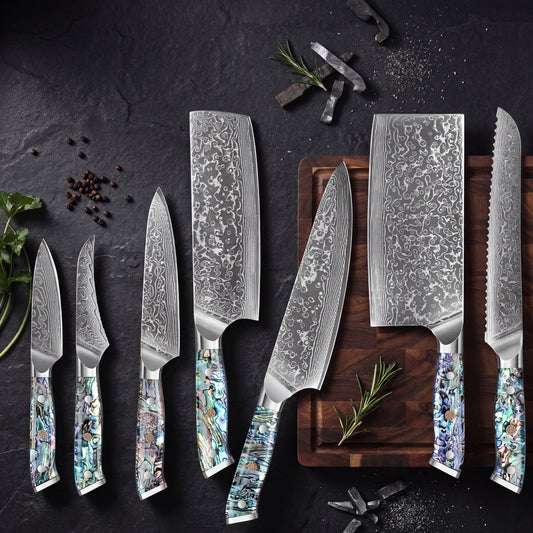 Abalone Damascus 7-piece set laid out