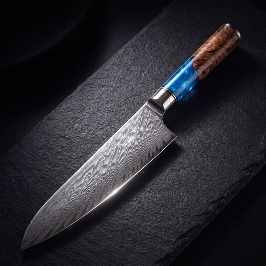 Blue Epoxy Resin Damascus knife — hero shot