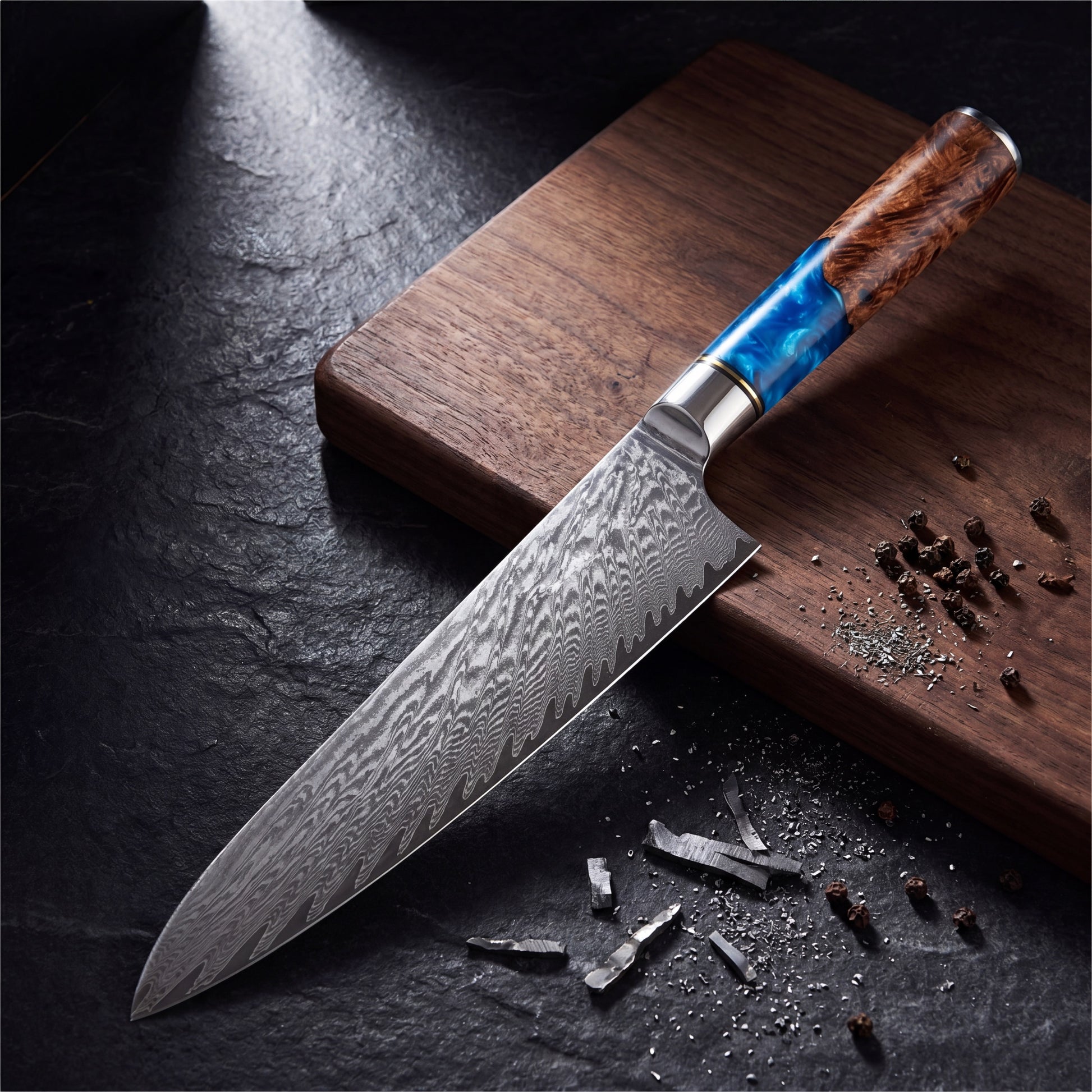 Blue Epoxy Resin Damascus knife — angle view