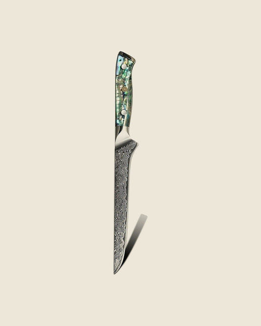 6 inch boning knife, Damascus blade with abalone handle