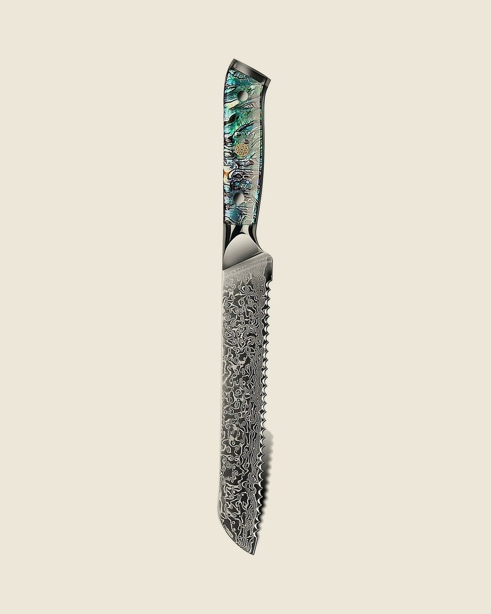 8 inch serrated bread knife, Damascus blade with abalone handle