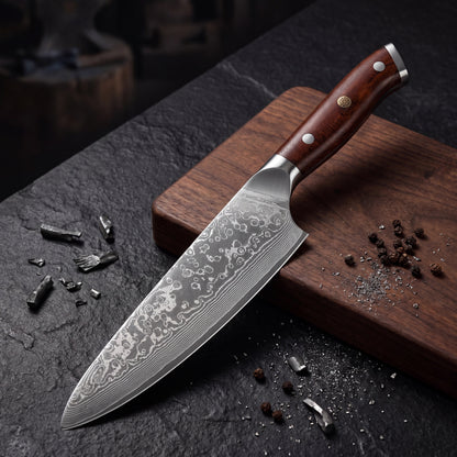 Rosewood Damascus knife — hero shot
