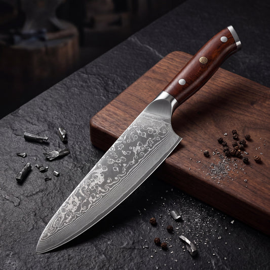 Rosewood Damascus knife — hero shot