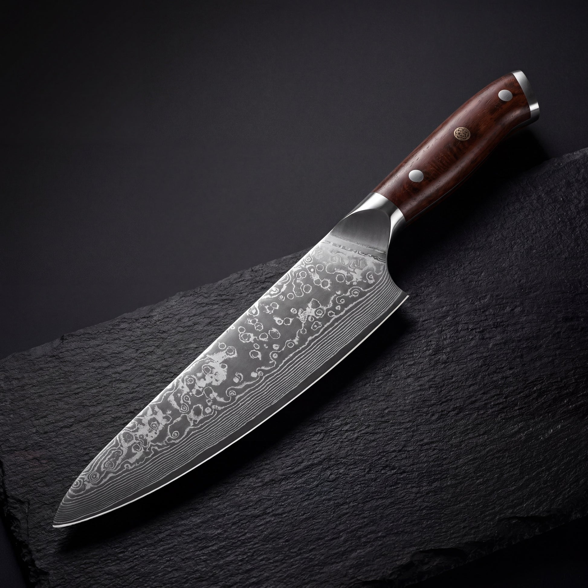 Rosewood Damascus knife — angle view