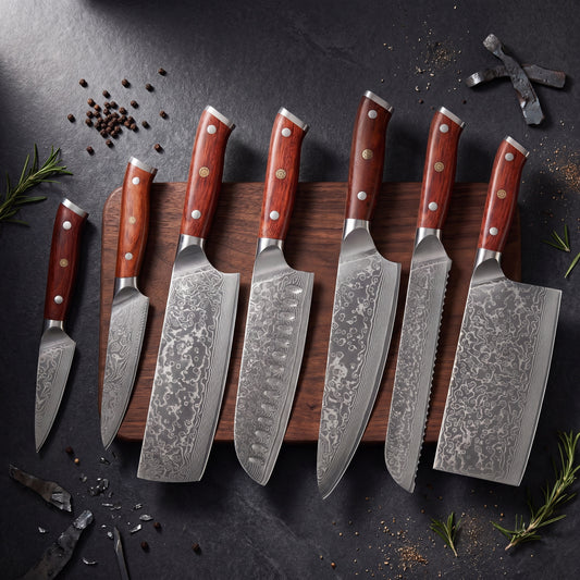 Rosewood Damascus 7-piece set laid out
