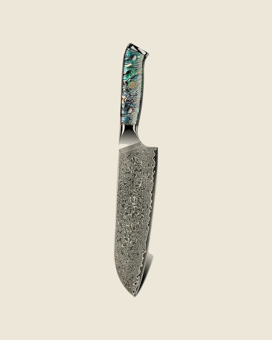 7 inch santoku knife, Damascus blade with abalone handle