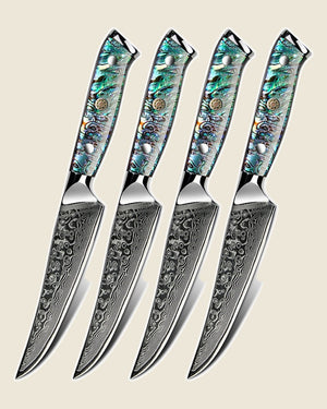 Set of four steak knives, Damascus blades with abalone handles
