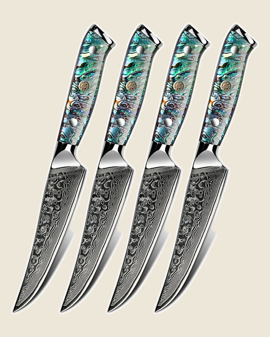 Set of four steak knives, Damascus blades with abalone handles