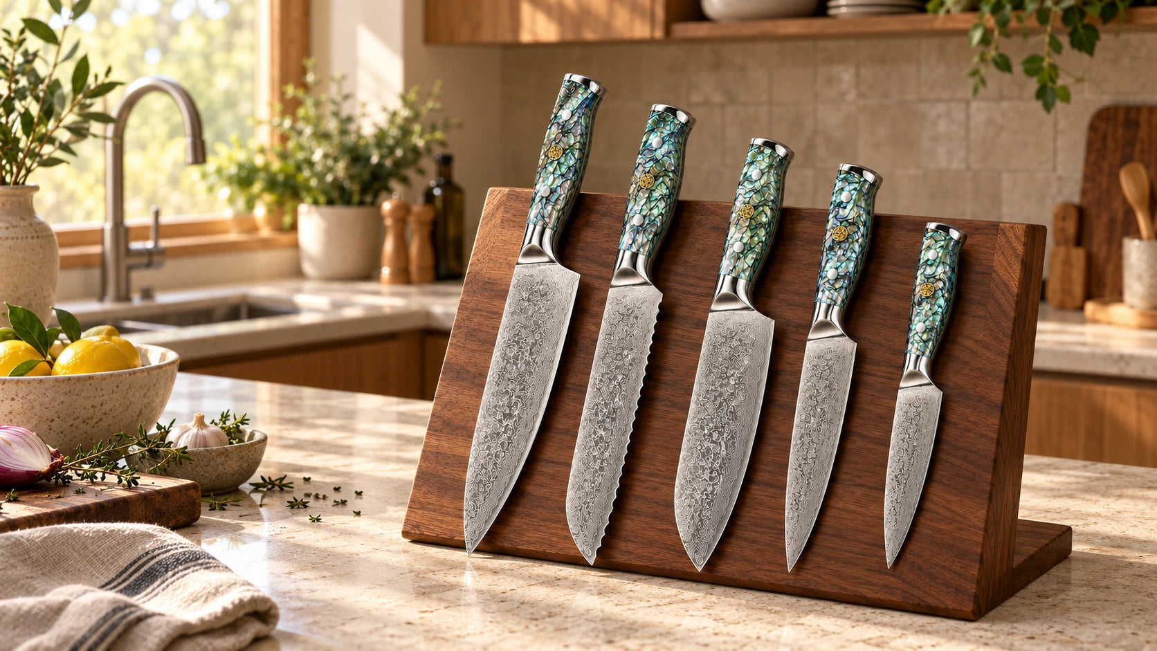 Abalone full kitchen knife set on a walnut stand in a sunlit kitchen