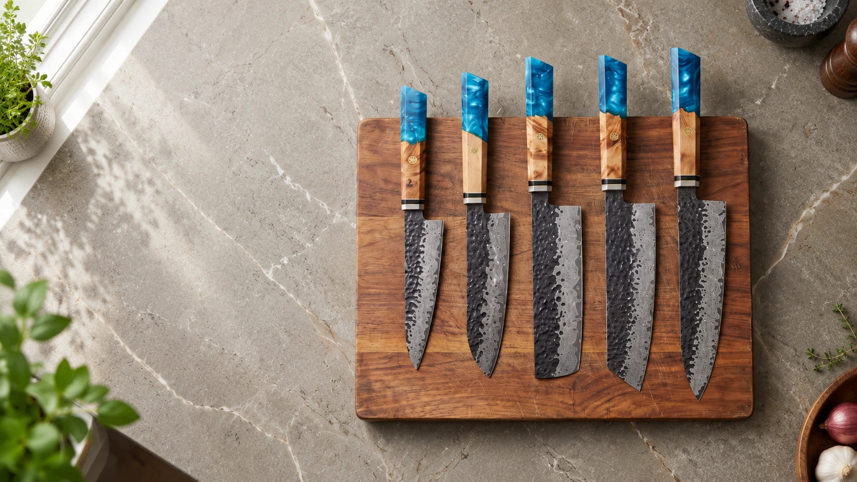 Glacier full kitchen knife set lying on a walnut board beside a kitchen window