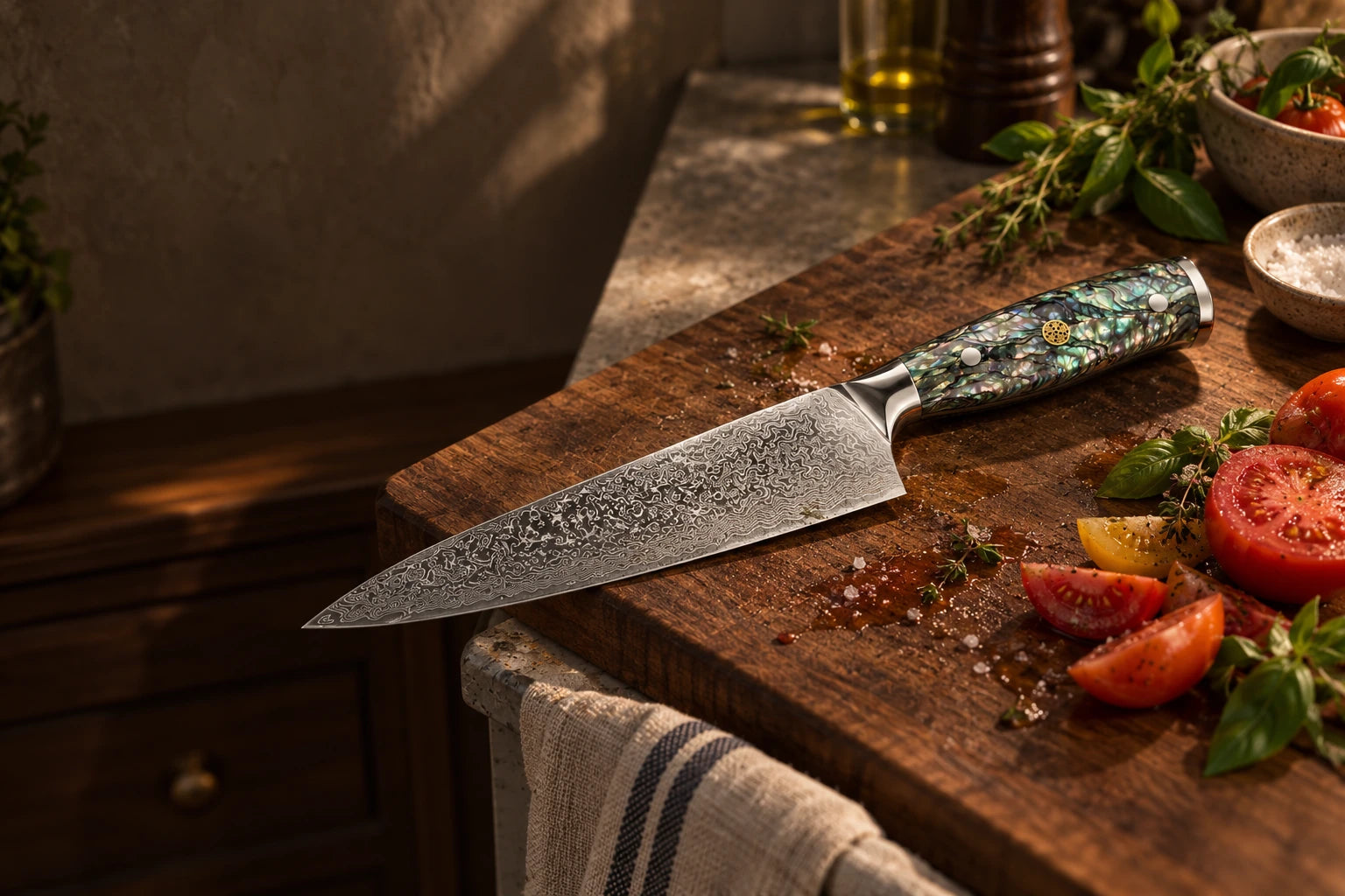An Abalone chef knife on a walnut board in a naturally lit home kitchen