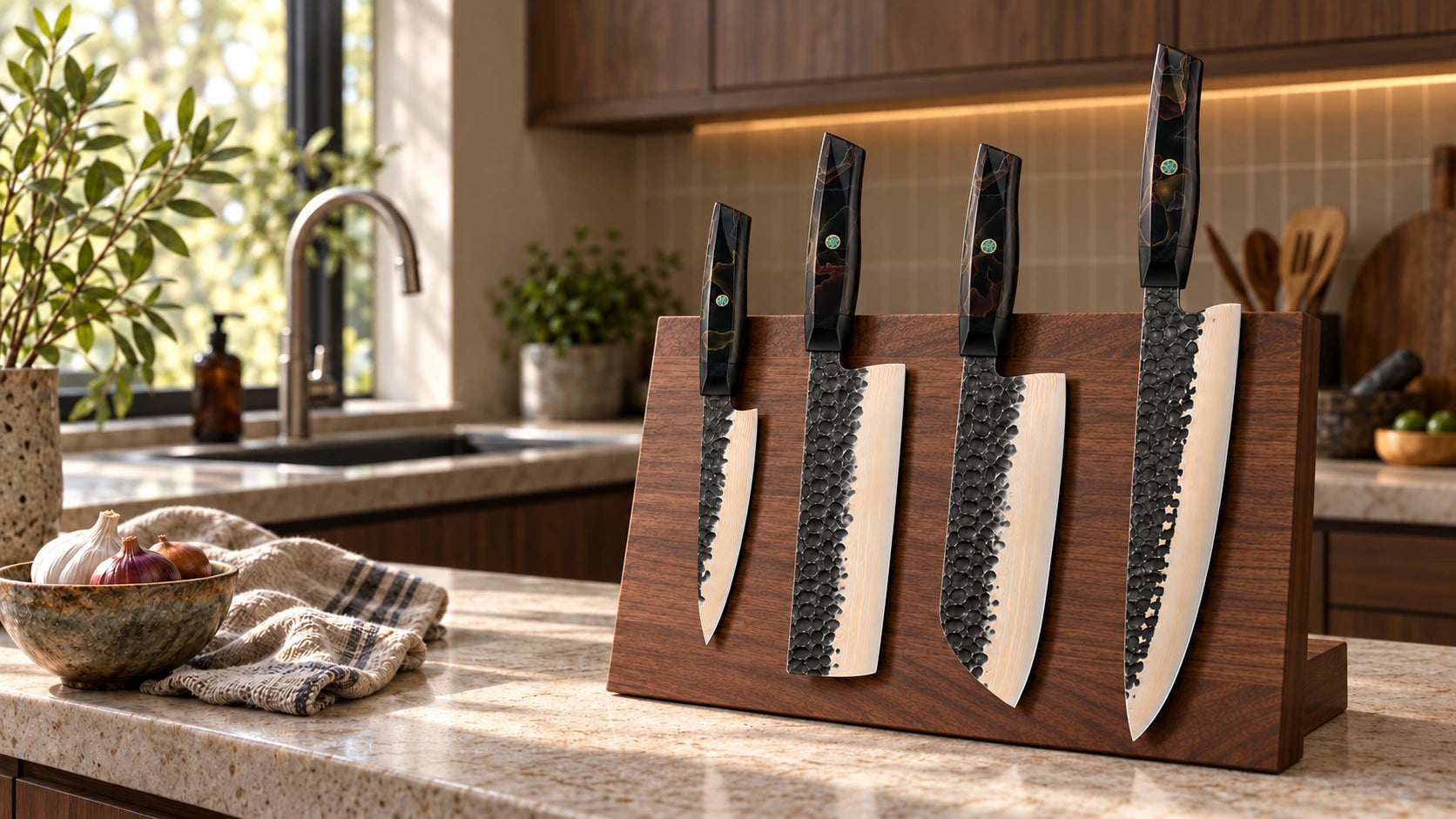 Obsidian full kitchen knife set on a walnut stand in a sunlit kitchen